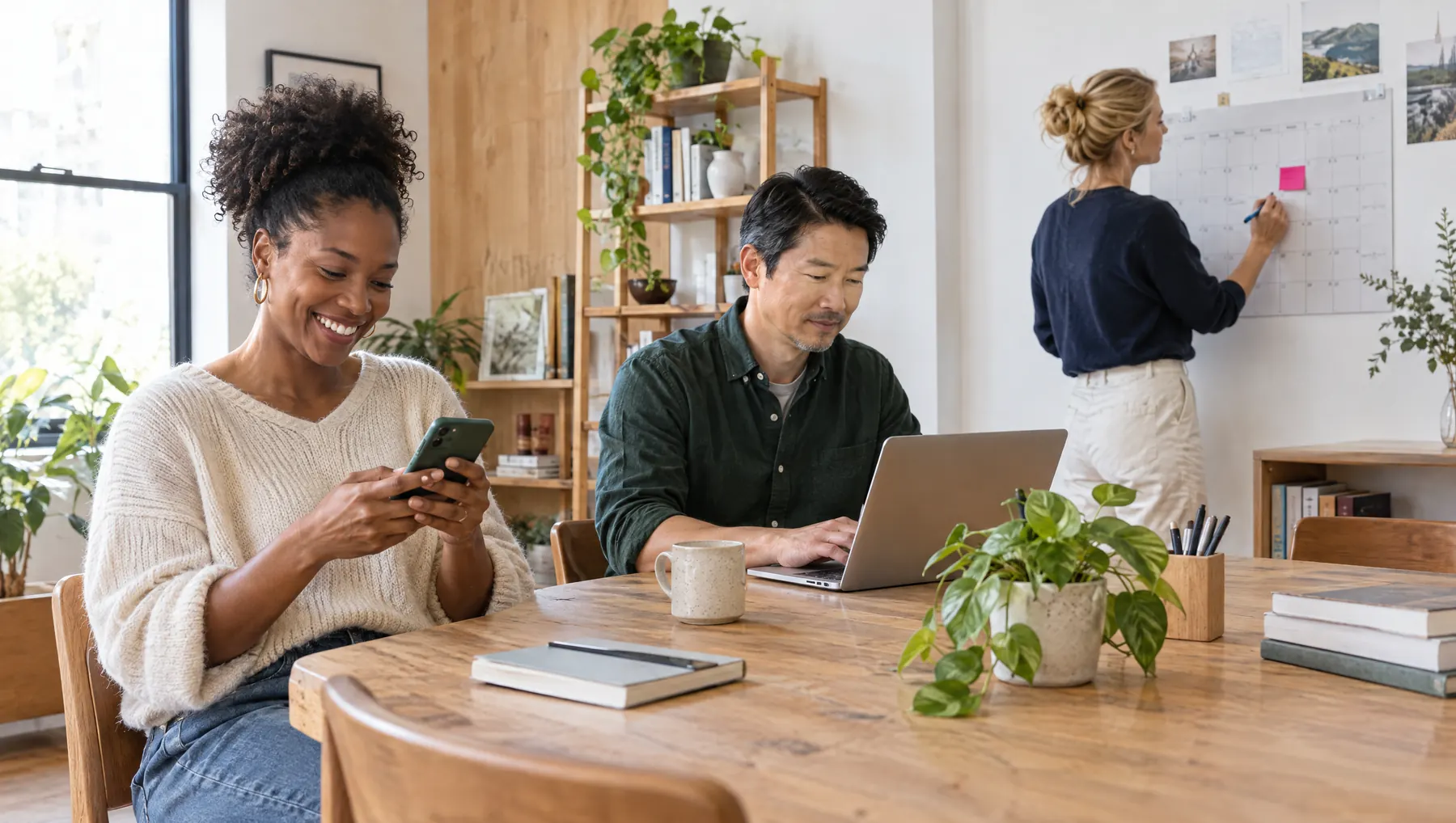 Un equipo pequeño trabaja conectado: una persona responde en el teléfono, otra usa el portátil y otra anota en el calendario.