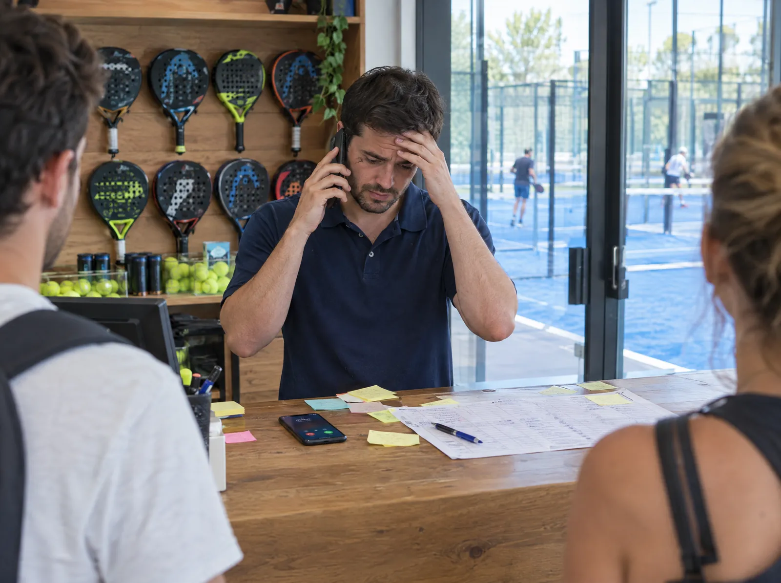 Hoy: un recepcionista de un club de pádel atiende el teléfono agobiado, con el mostrador lleno de notas y clientes esperando.