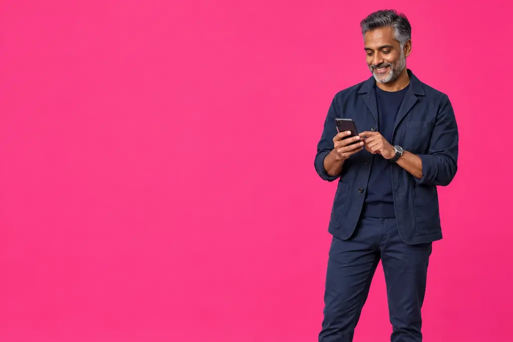 Un dueño de negocio revisa su teléfono con tranquilidad, sobre un fondo fucsia.