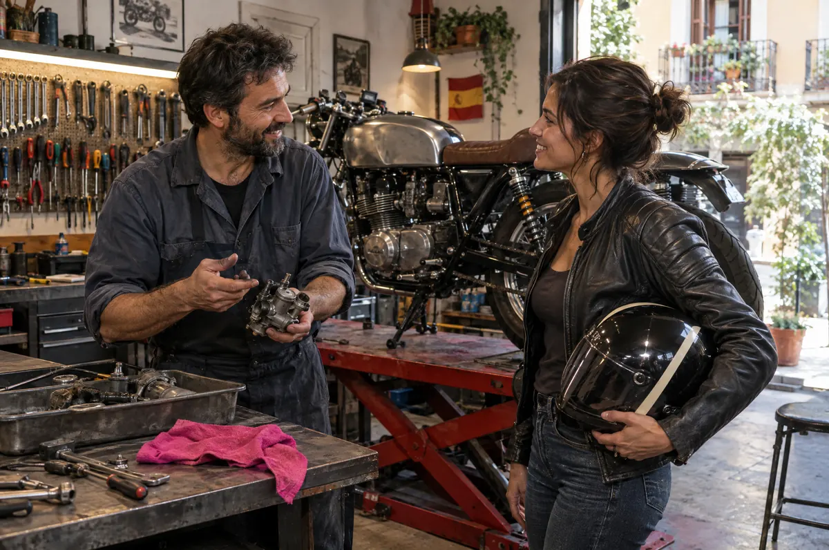 Talleres de motos: un mecánico explica la reparación a una clienta en un taller de Madrid.